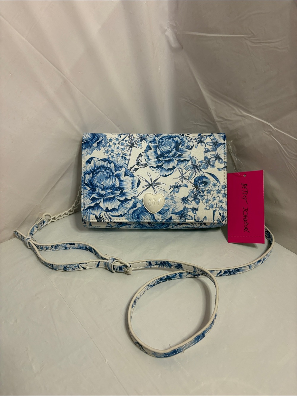 Betsey Johnson Blue and White Floral Crossbody with Heart Charm